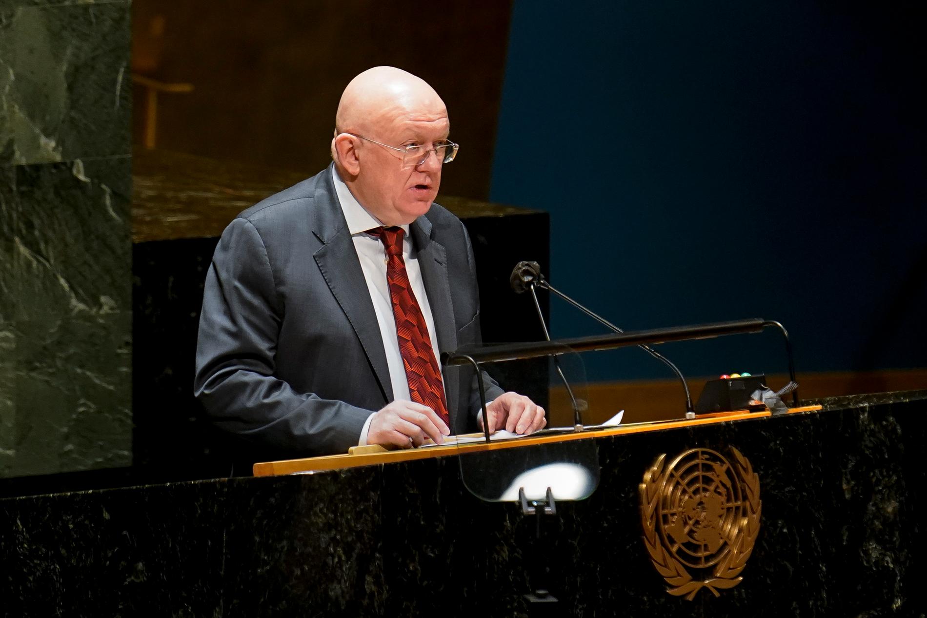 Ryske FN-ambassadören Vasily Nebenzya förnekar händelserna i Butja.