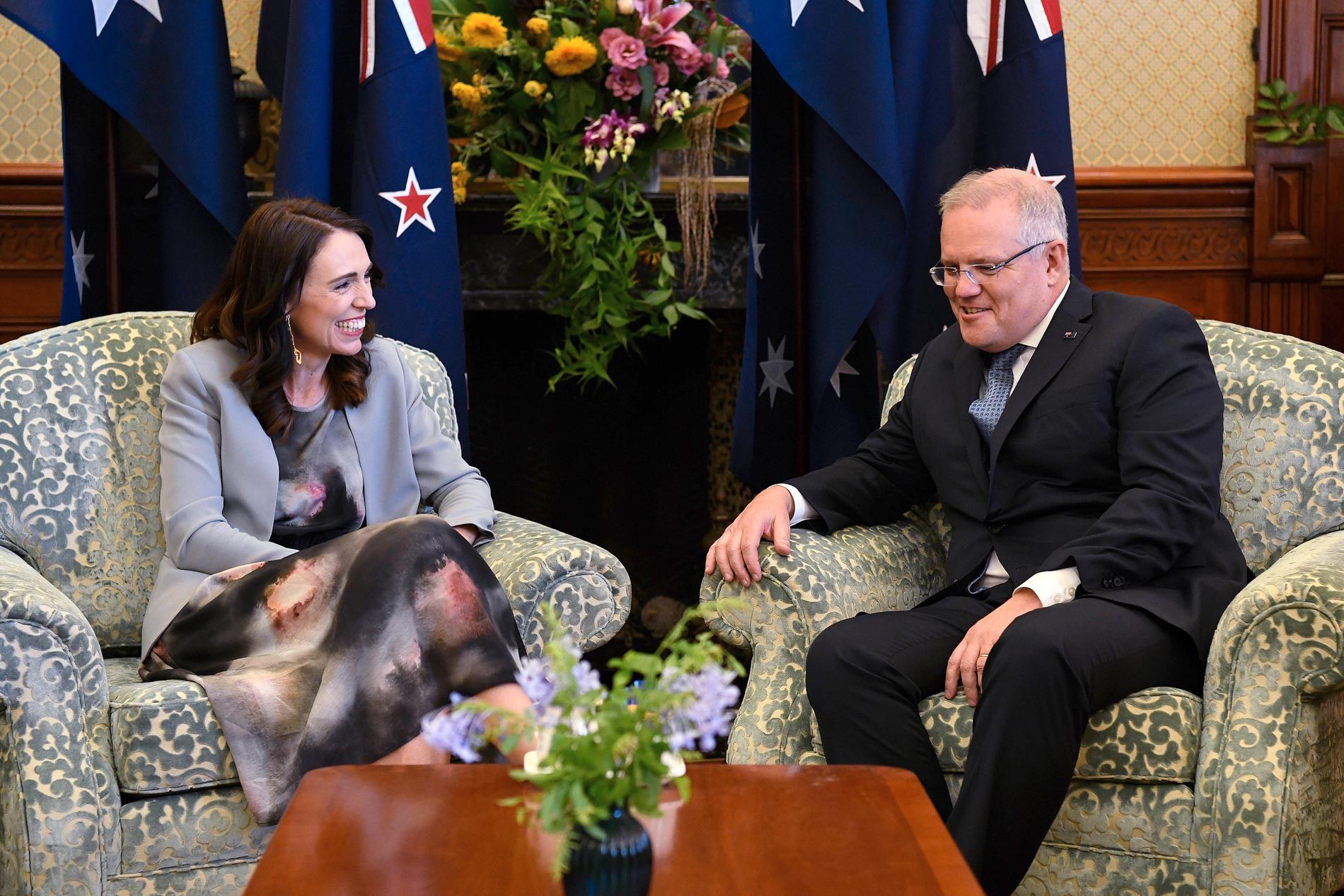 Nya Zeelands premiärminister Jacinda Ardern, till vänster, och Australiens premiärminister Scott Morrison under ett möte i Sydney i februari. Arkivbild.