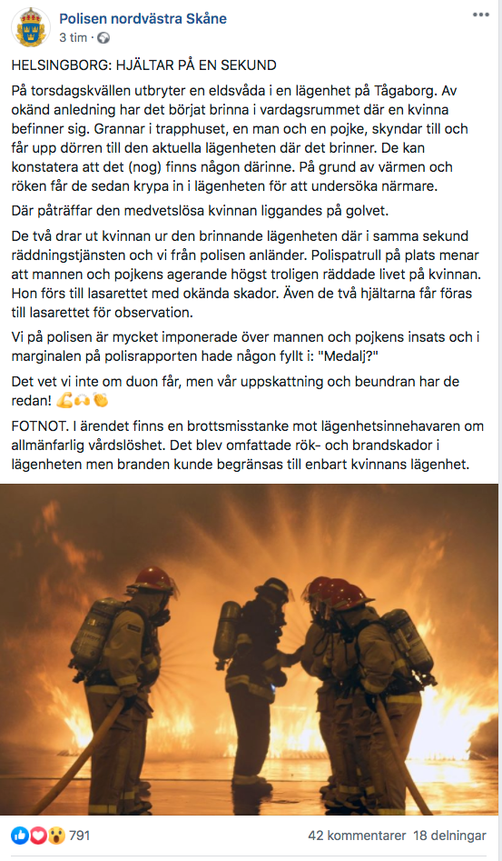 Polisen i nordvästra Skåne hyllar Joakim och Oliver på sin Facebook-sida. 