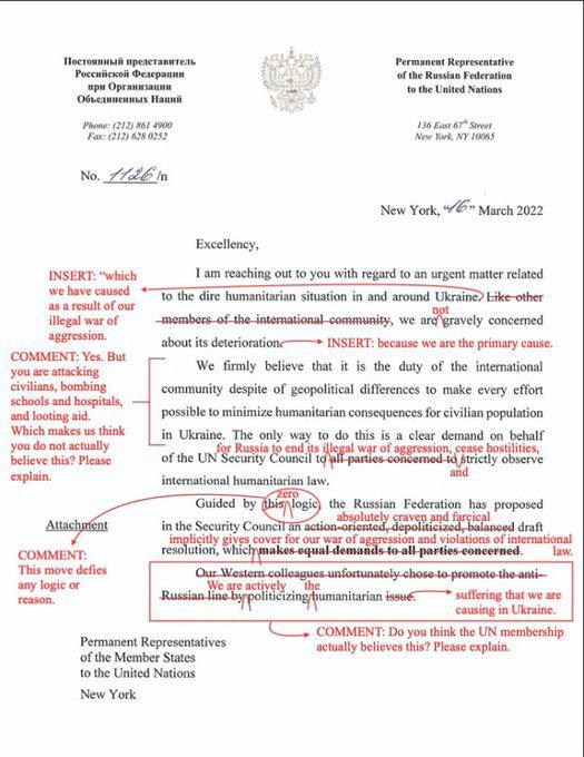 Kanade skickade tillbaka rysslands brev till FN med rättningar. 