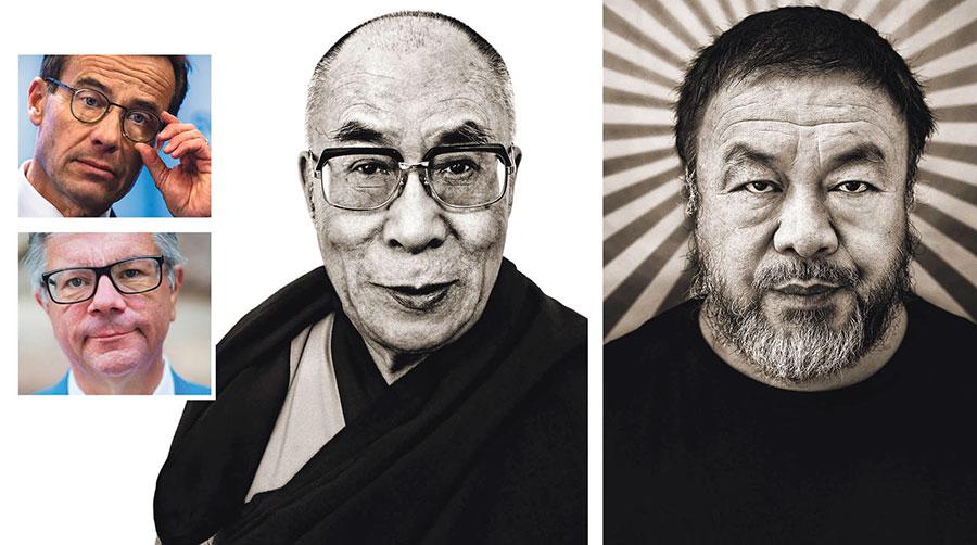 Mycket tyder på att Kina agerar även internationellt för att undergräva respekten för mänskliga rättigheter. Så också i Sverige, skriver Ulf Kristersson och Hans Wallmark. Porträtten på Dalai Lama och Ai Weiwei är från fotoprojektet ”We have a dream”.