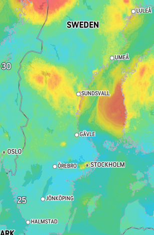 Det gula området med röda inslag visar att det är höga partikelvärden i Sundsvall. Halterna förändras hela tiden.  