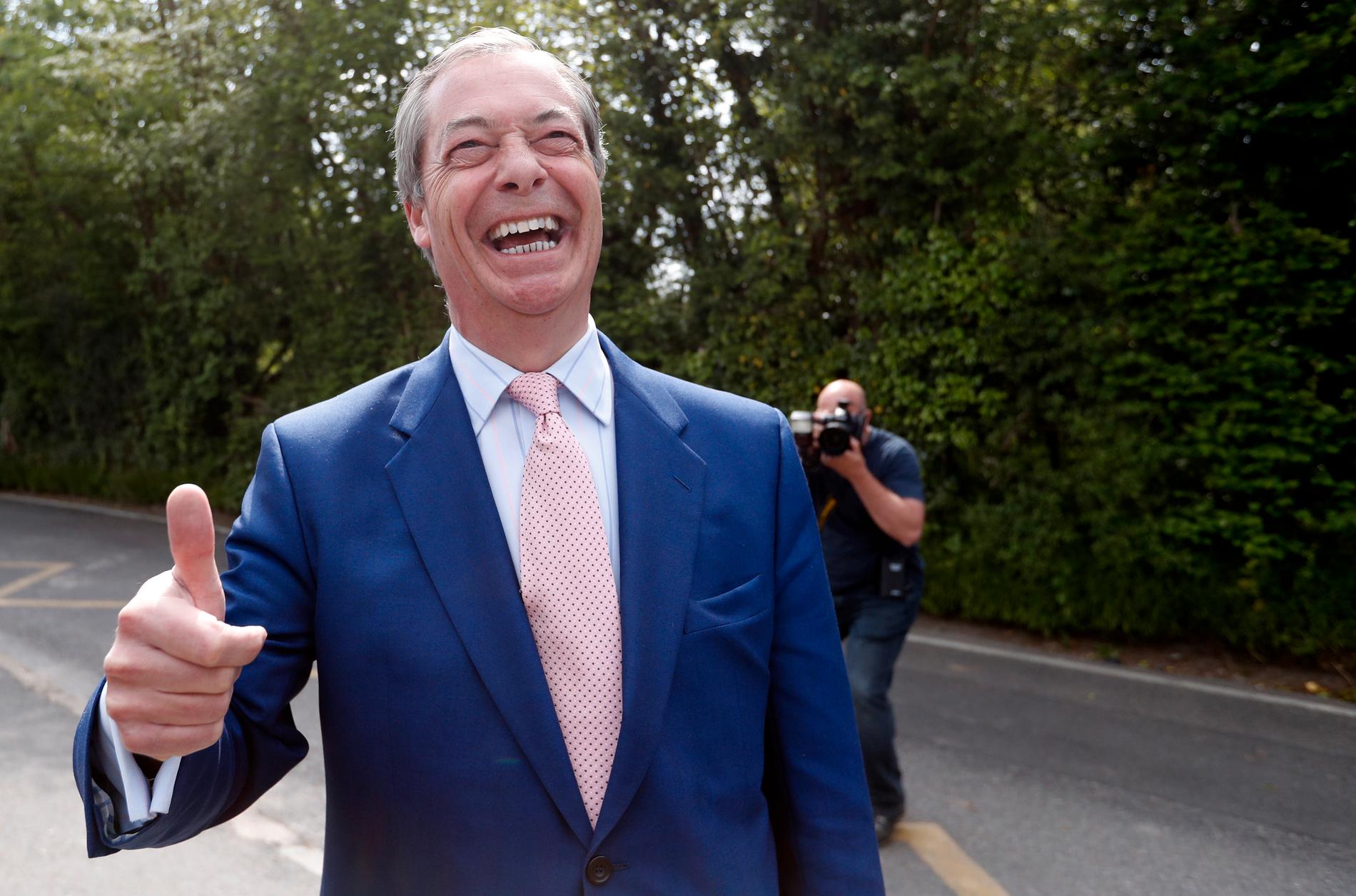 Brexitpartiets ledare Nigel Farage är glad redan på förhand. Arkivfoto.