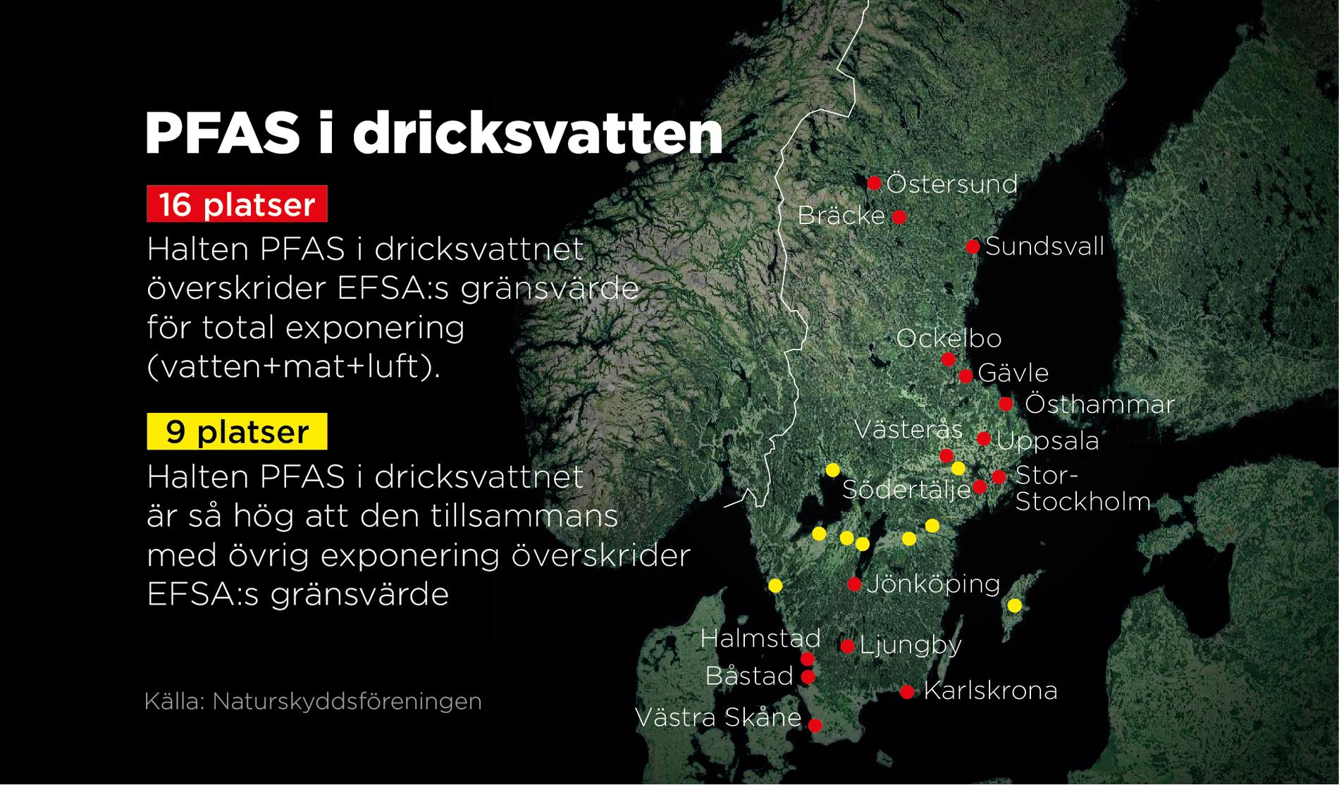 Platser i Sverige där halten av PFAS i dricksvattnet överskrider EFSA:s gränsvärde.