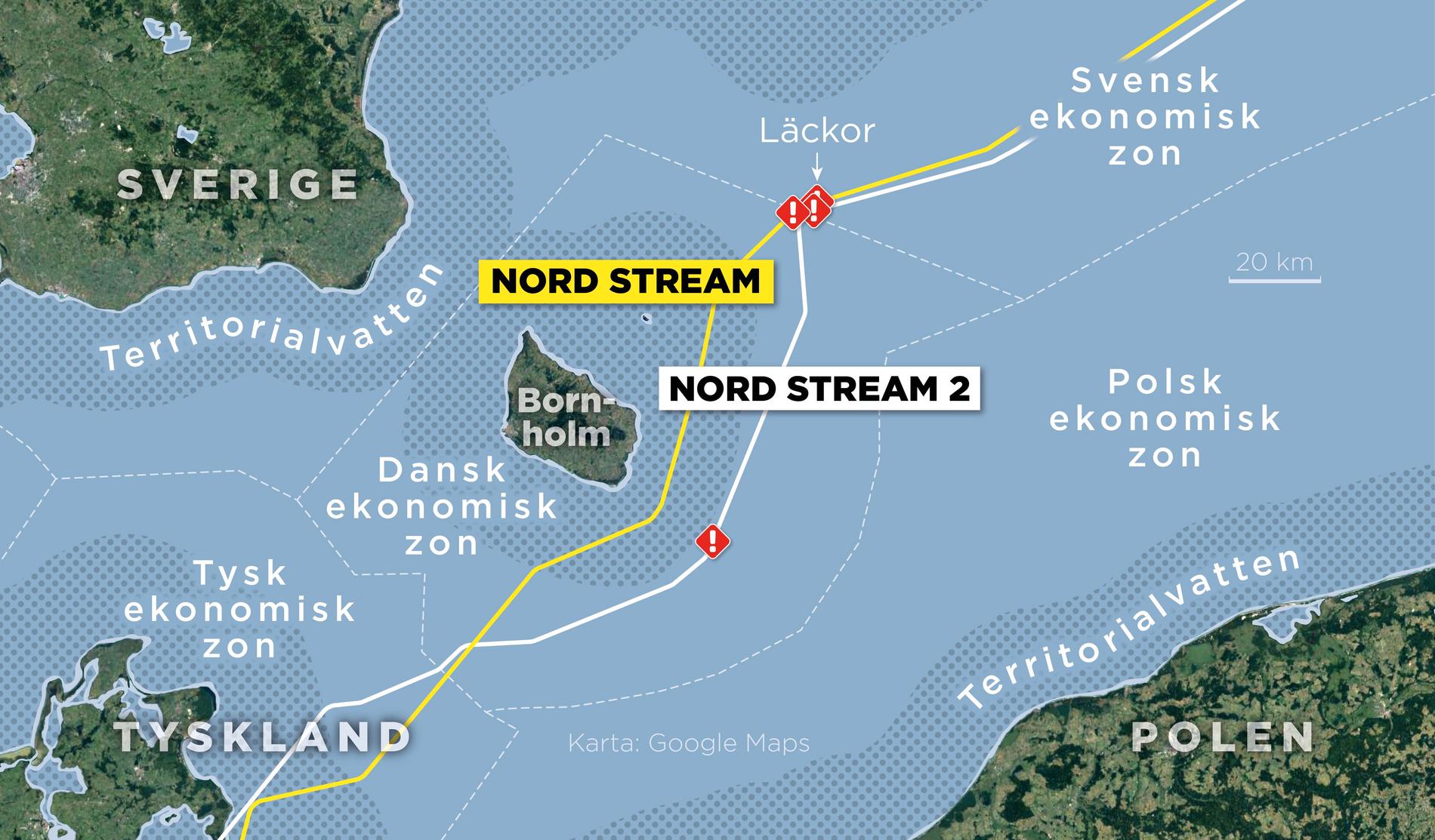 Kartan visar de fyra läckorna på gasledningarna Nord Stream och Nord Stream 2, de ekonomiska zonerna och territorialvatten.