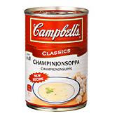 Campbells champinjonsoppa, 295 gram – innehåller en champinjon av totalt 4,5 procent/13 gram svamp (smörsopp, shiitake, champinjon och karljohan). En färsk champinjon väger cirka 13-15 gram.
Källa: Råd & Rön