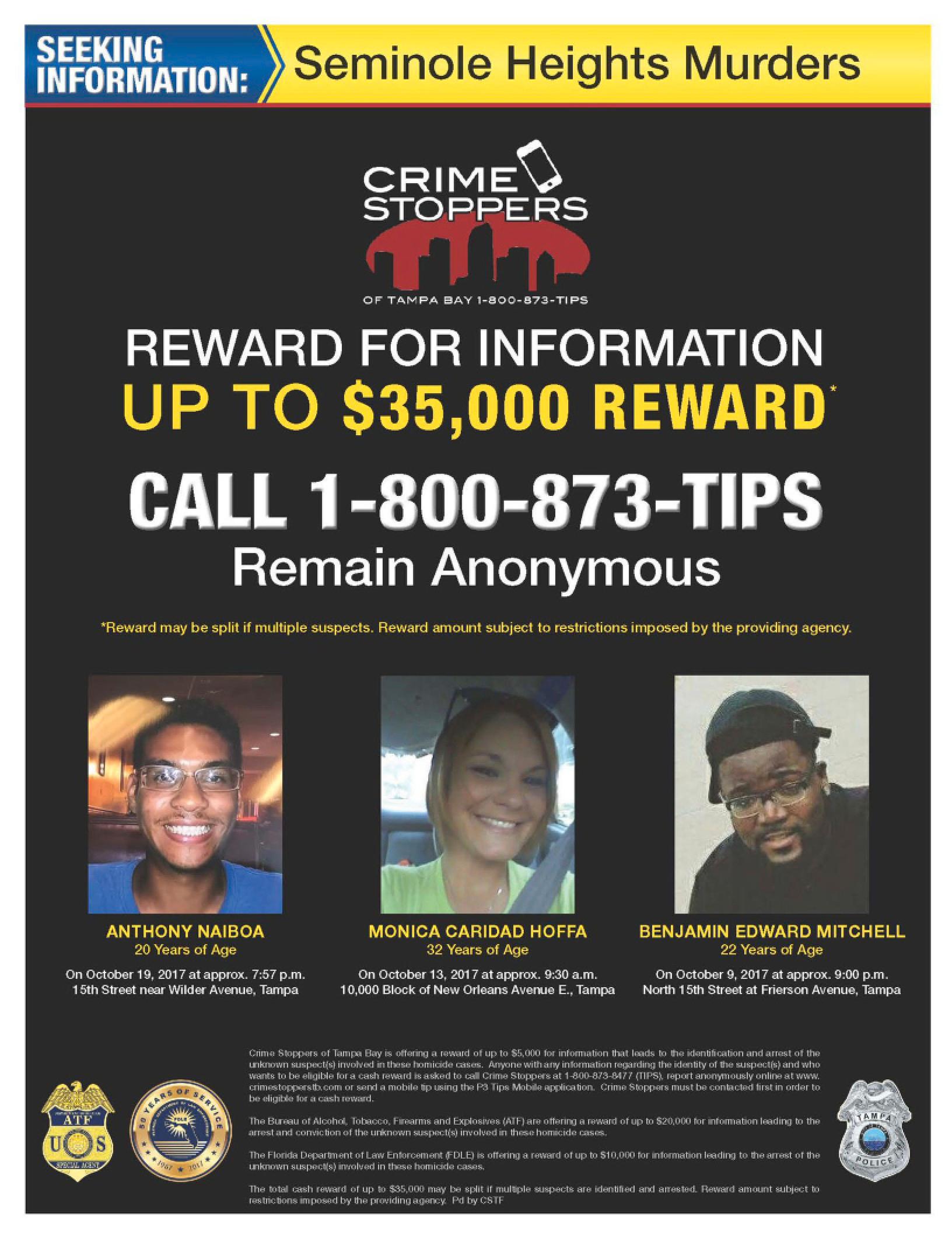 En affisch visar mördarens tre första offer och erbjuder upp till 35000 dollar i belöning för tips om morden.