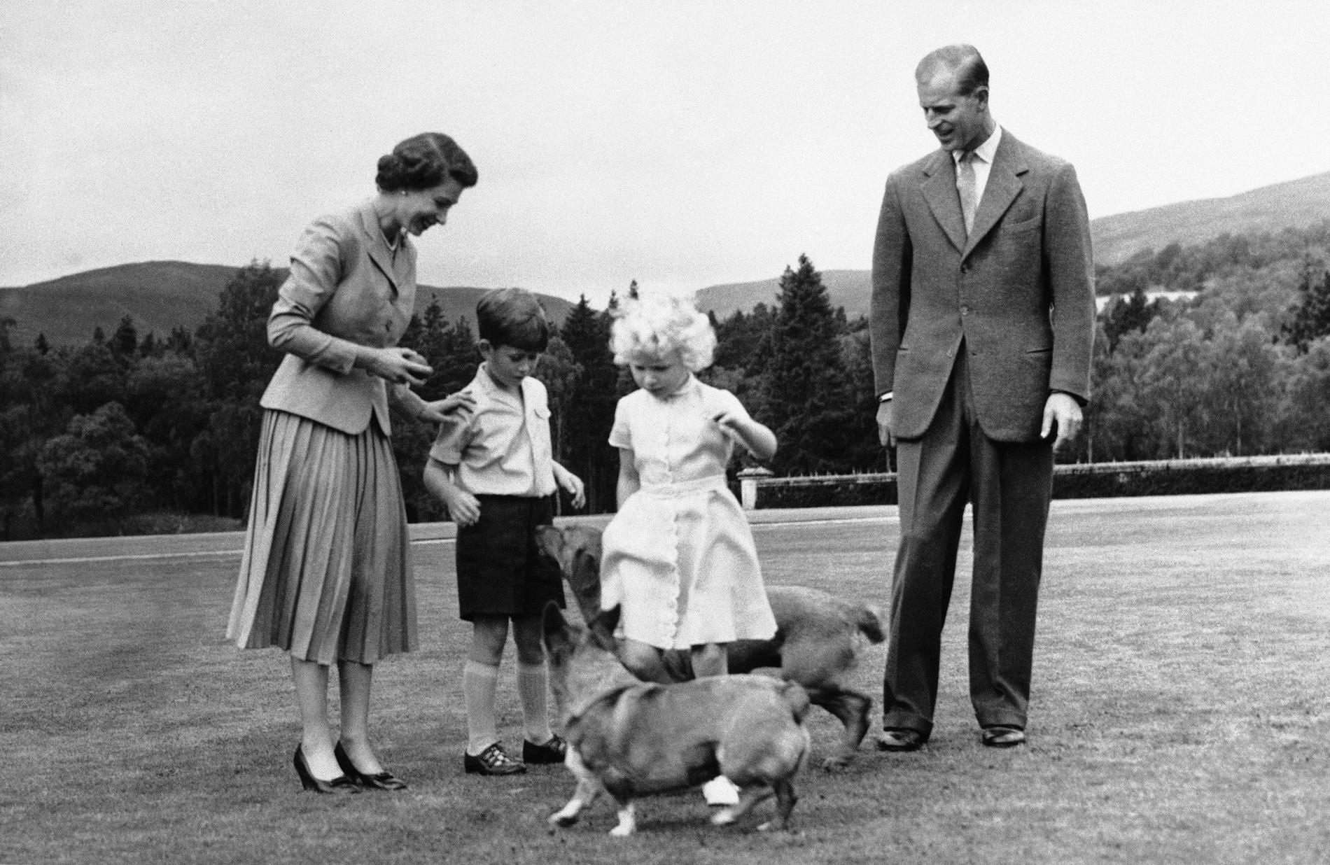 Drottning Elizabeth och prins Philip med Charles och Anne – och två corgis under tidigt 1950-tal.