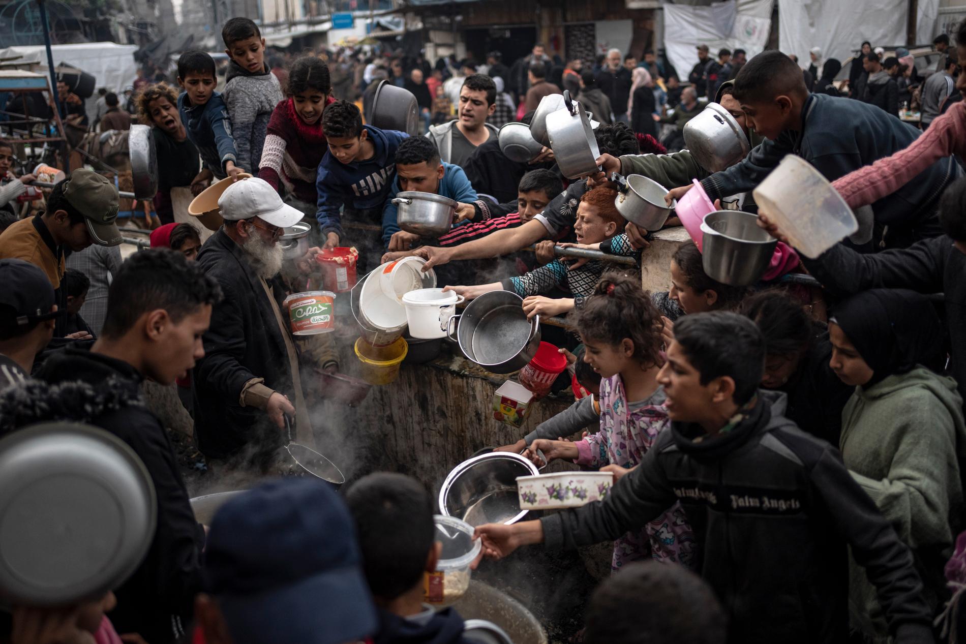 Palestinier köar för att få mat i Gaza.