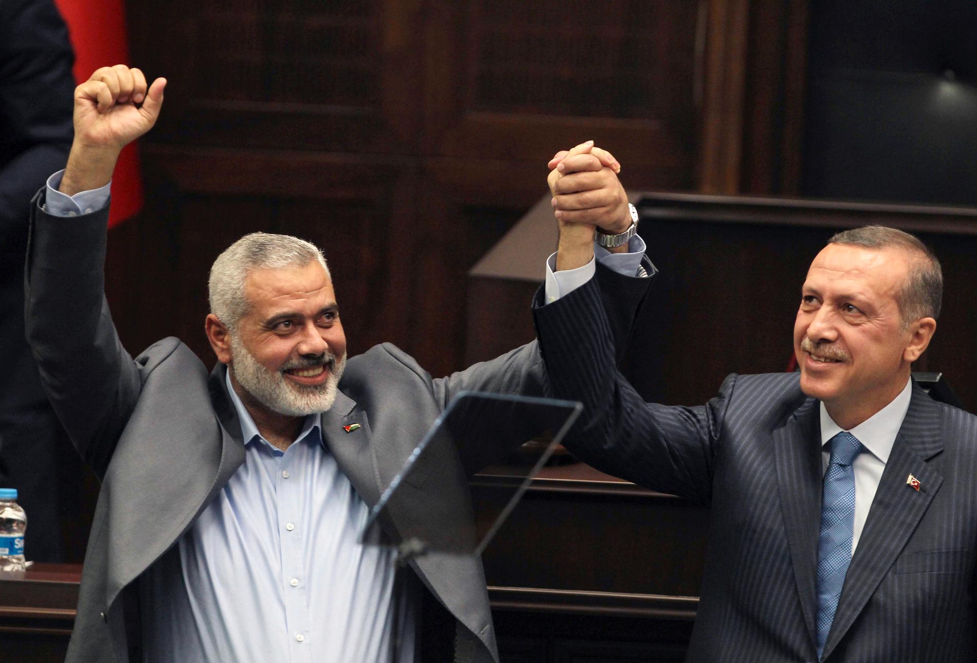 Hamasledaren Ismail Haniyeh och Turkiets president Recep Tayyip Erdogan i Ankara 2012.