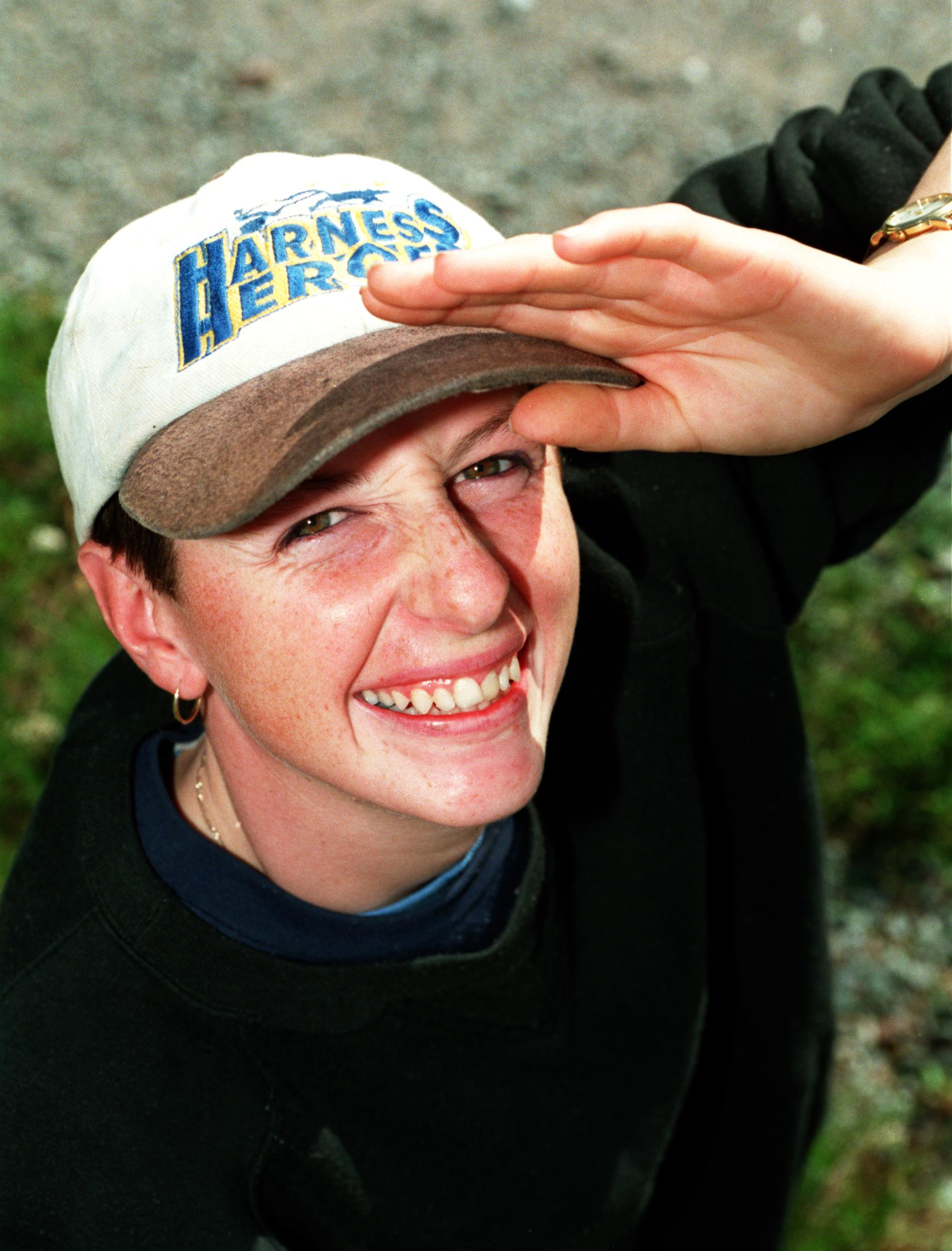Kerryn Manning på Sverigebesök 1997 med hästen Knight Pistol.