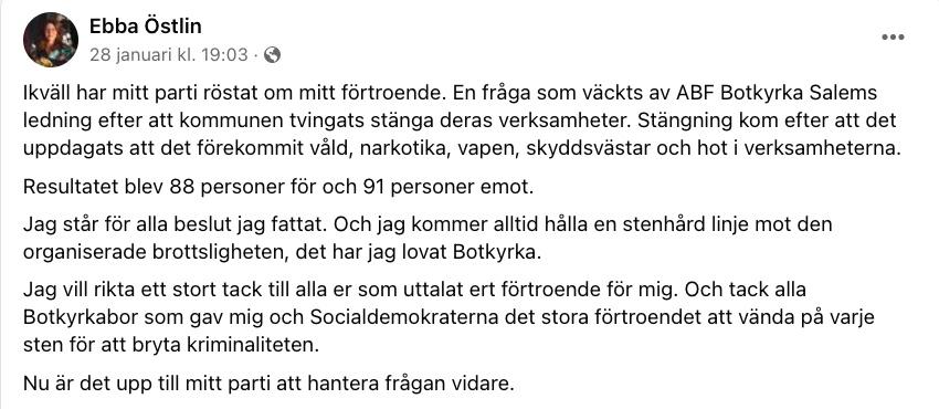 Från Ebba Östlins Facebooksida där hon berättar om händelsen.