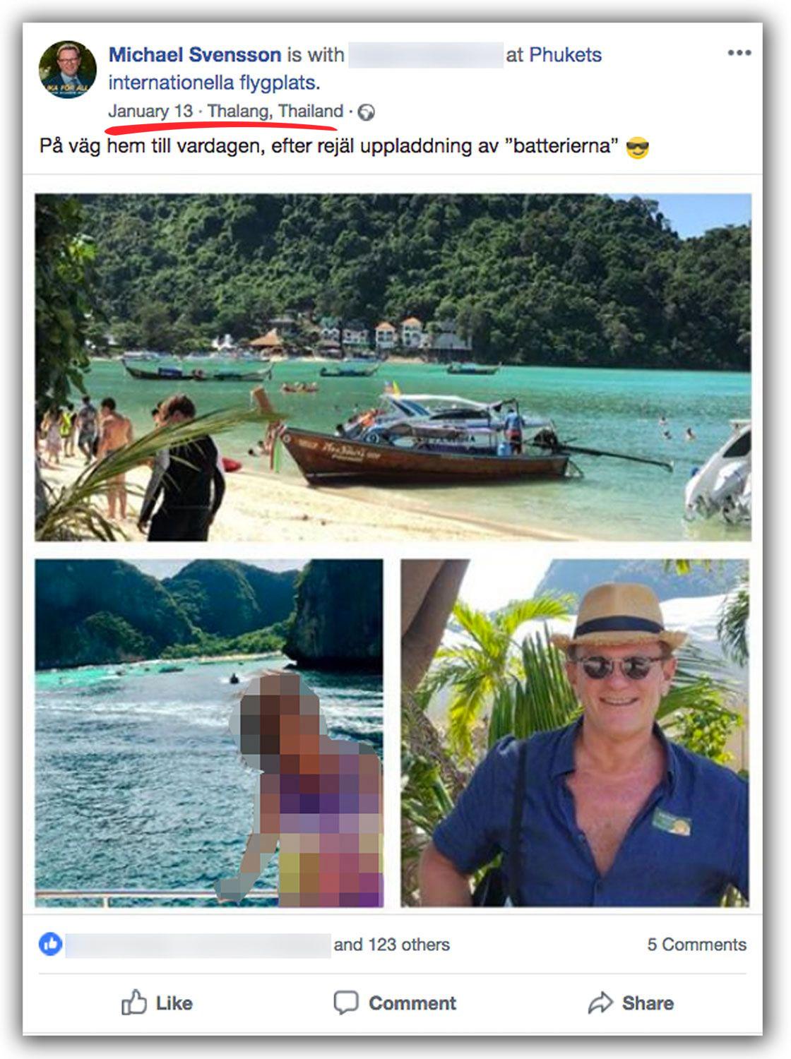 Den 13 januari 2018 la Michael Svensson upp ett inlägg från flygplatsen i Phuket.