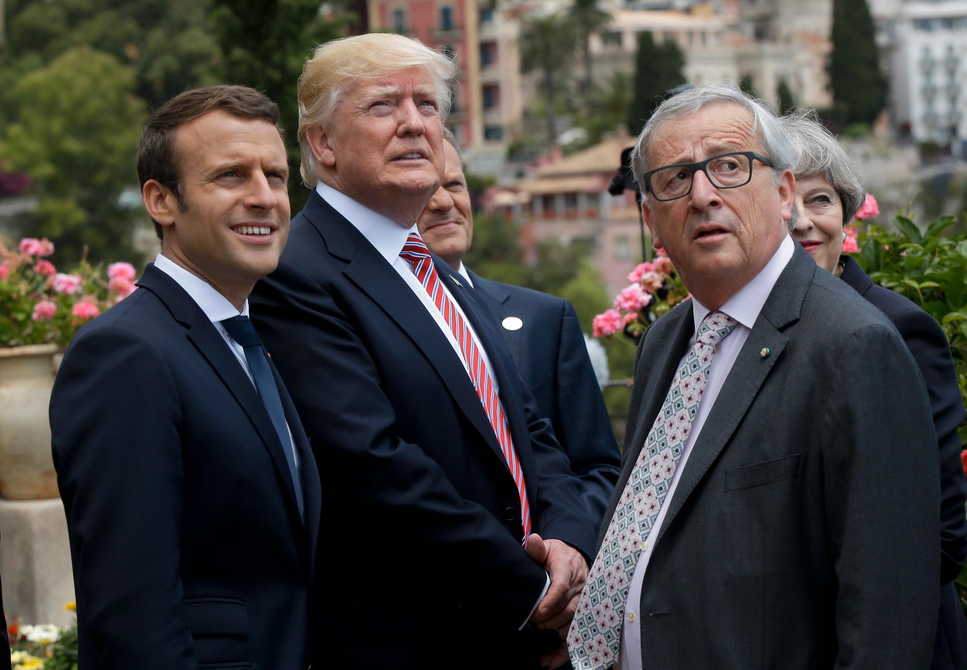 Frankrikes president Emmanuel Macron, USAs president Donald Trump och EU kommissionens ordförande Jean-Claude Juncker.