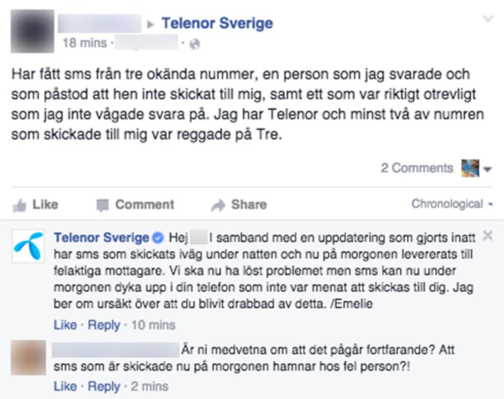 Drabbade kunder har skrivit om problemet på Telenors Facebooksida.