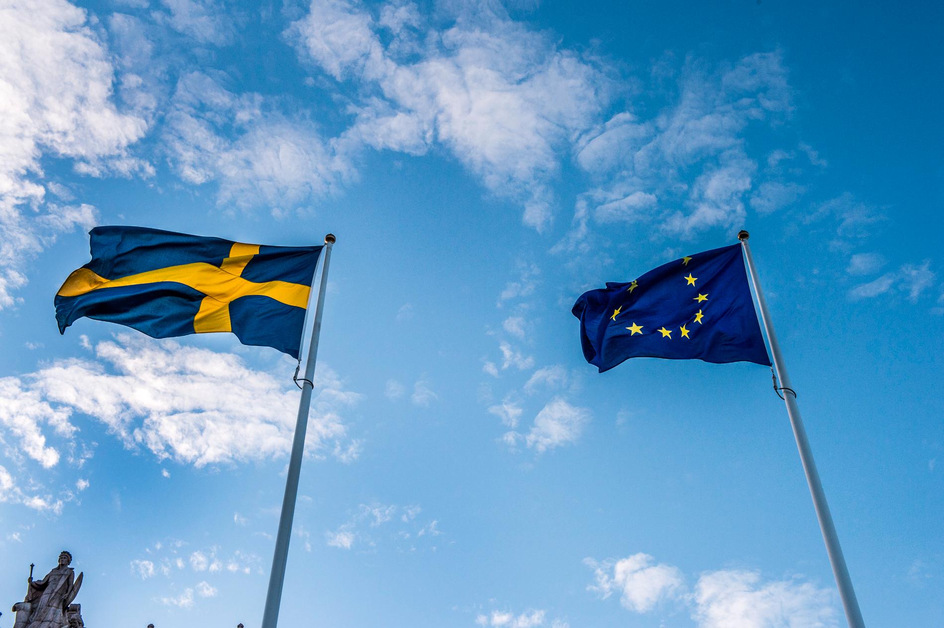 Svenska flaggan och EU-flaggan. Arkivbild