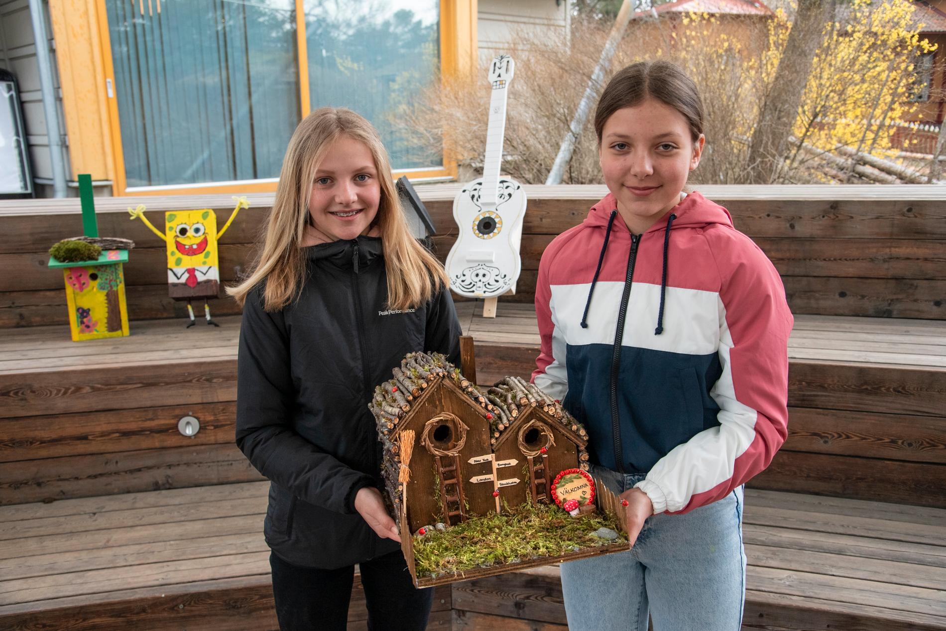 Ebba och Mathilda från Västerhaninge Montessoriskola klass 6 visar upp klassens holk "Timmerholken", som vann ett av gulden i årets fågelholk-SM. Arkivbild.