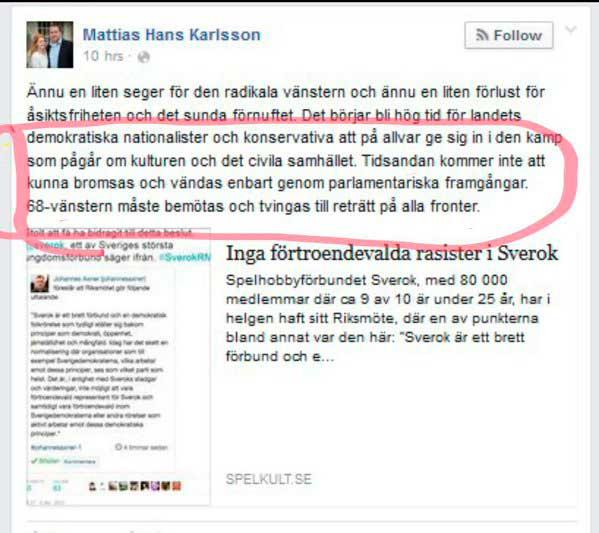 Mattias Karlssons (SD) inlägg på Facebook om Sveroks beslut.
