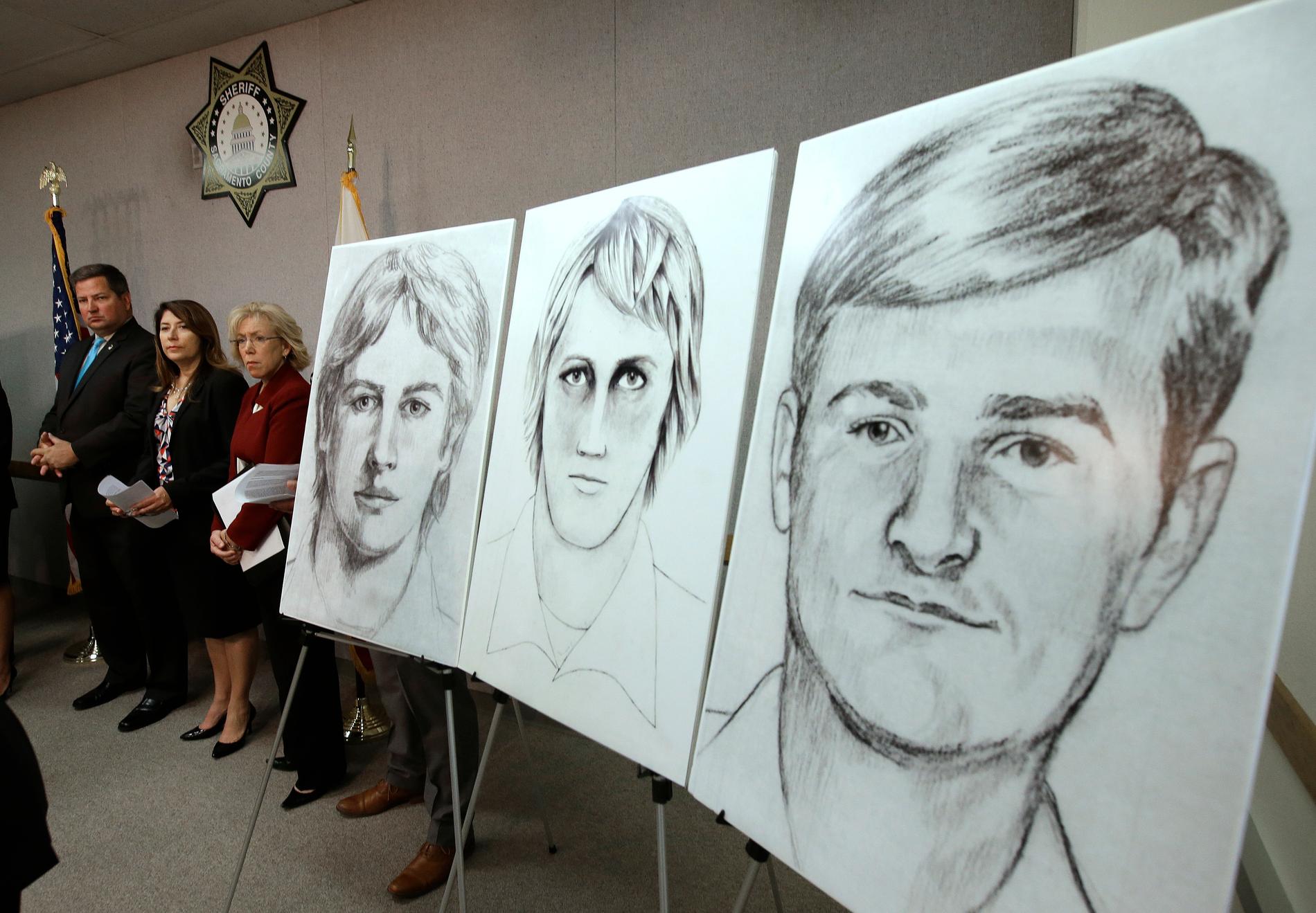 Teckningar av den misstänkte på polisens presskonferens 2016.
