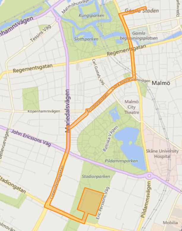 Bevakning med drönare kommer att ske i det område som är markerat med orange, från Gamla väster ända ner till området runt Stadion.