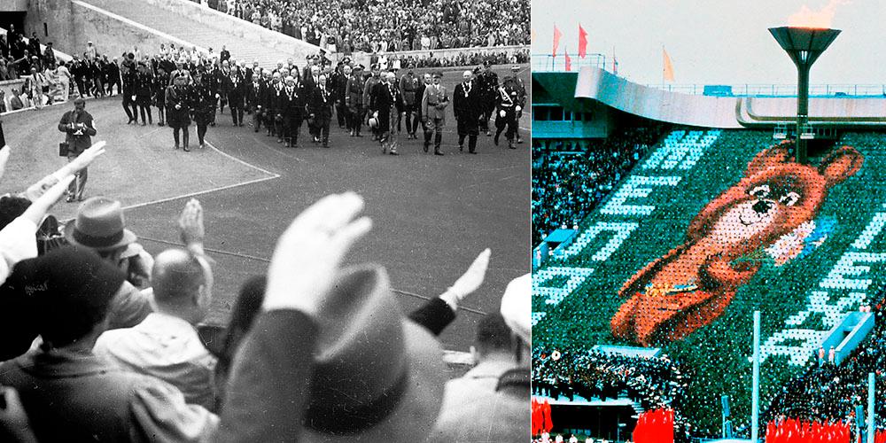 T v: 1936 var det heil-hälsningar på läktarna när Hitler med följe tågar in under invigningen av Berlin-OS. T h: 1980 – invigning av Moskva-OS med maskoten Misja som läktarföreställning.