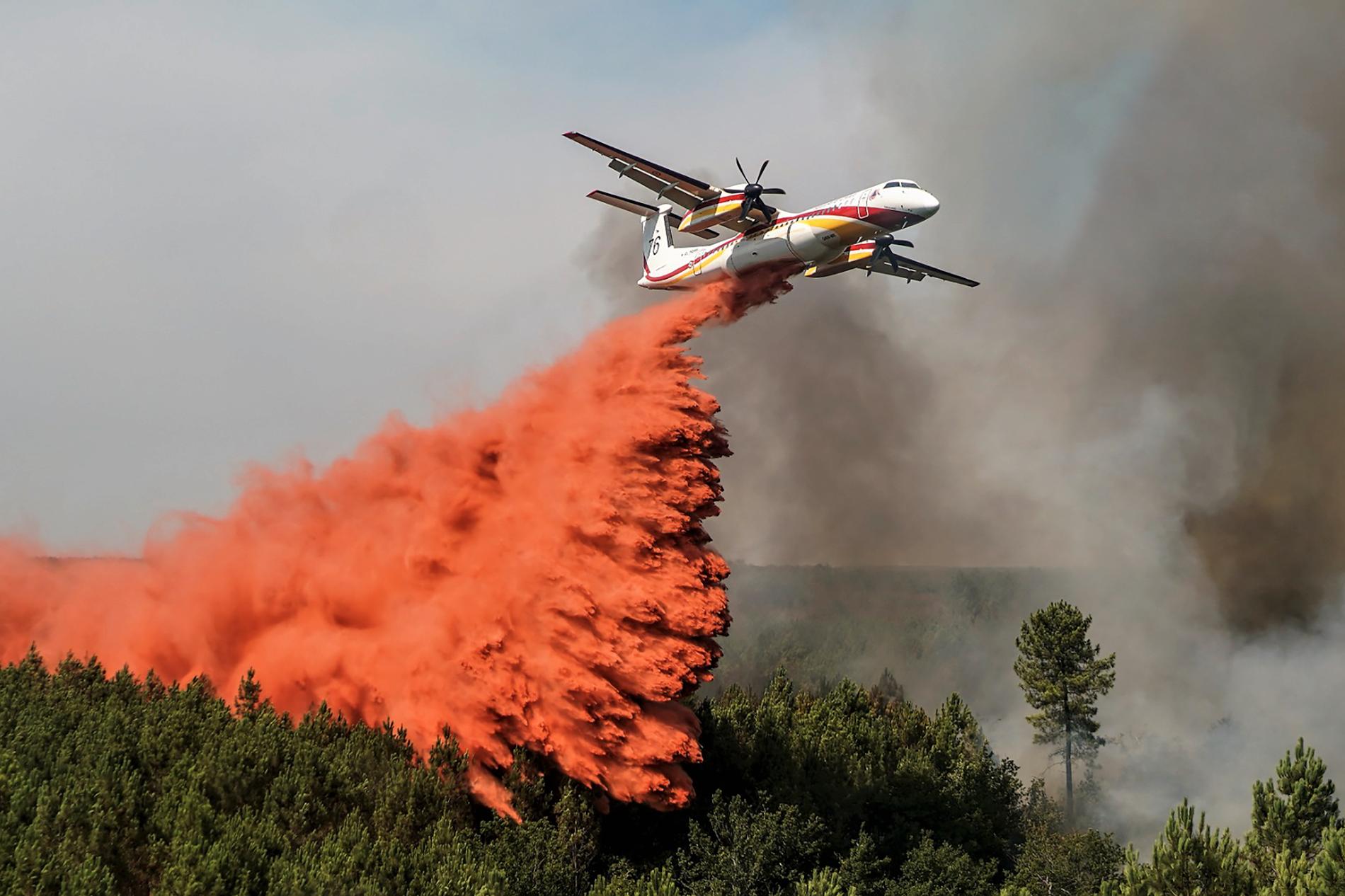 Brandflyg kämpar för att släcka bränderna. 