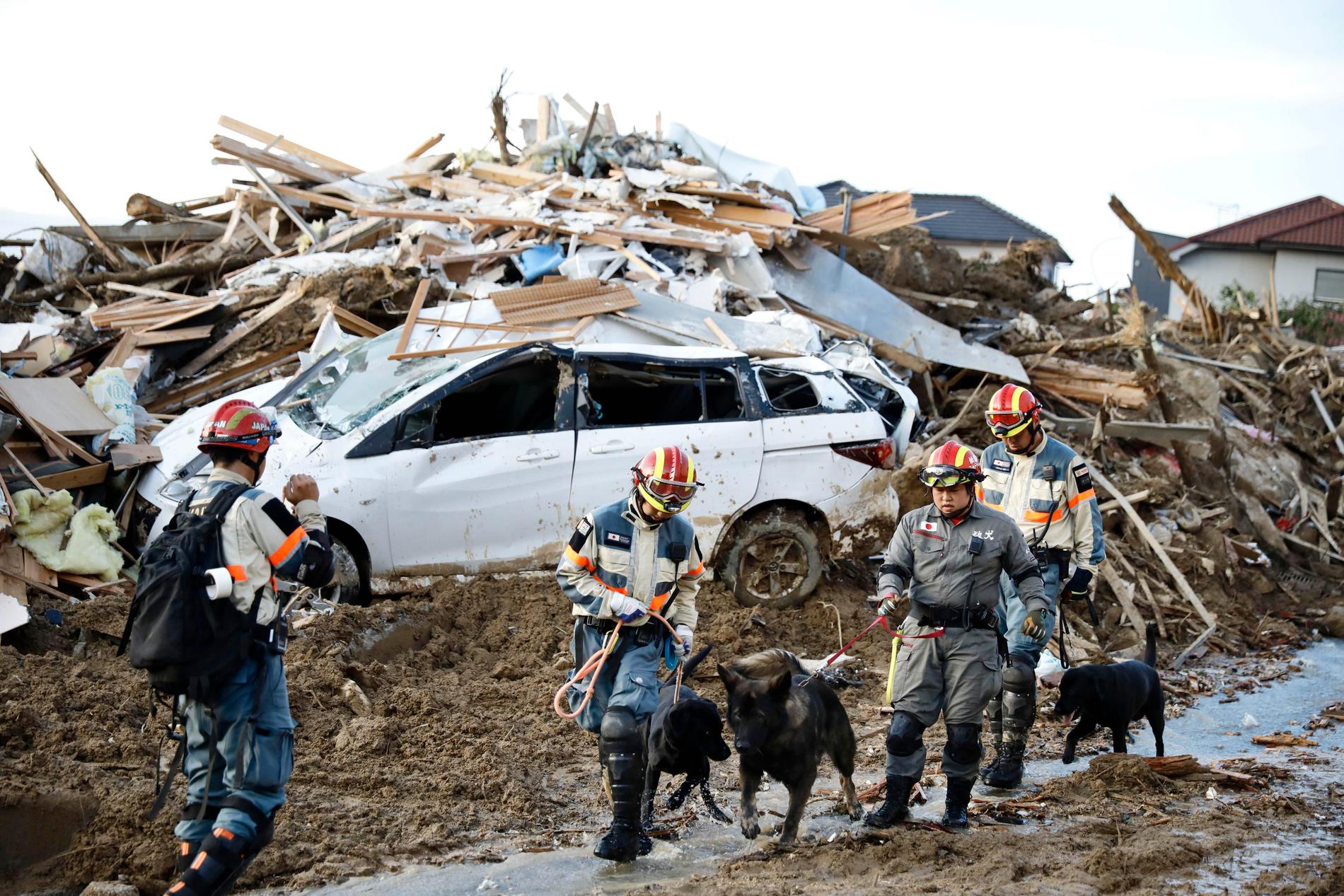 Brandmän söker med hundar efter saknade människor i staden Kumano efter skyfallen i Japan.