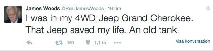 James Woods var oerhört tacksam mot många personer efter olyckan, bland dem företaget Jeep som byggde hans bil.
