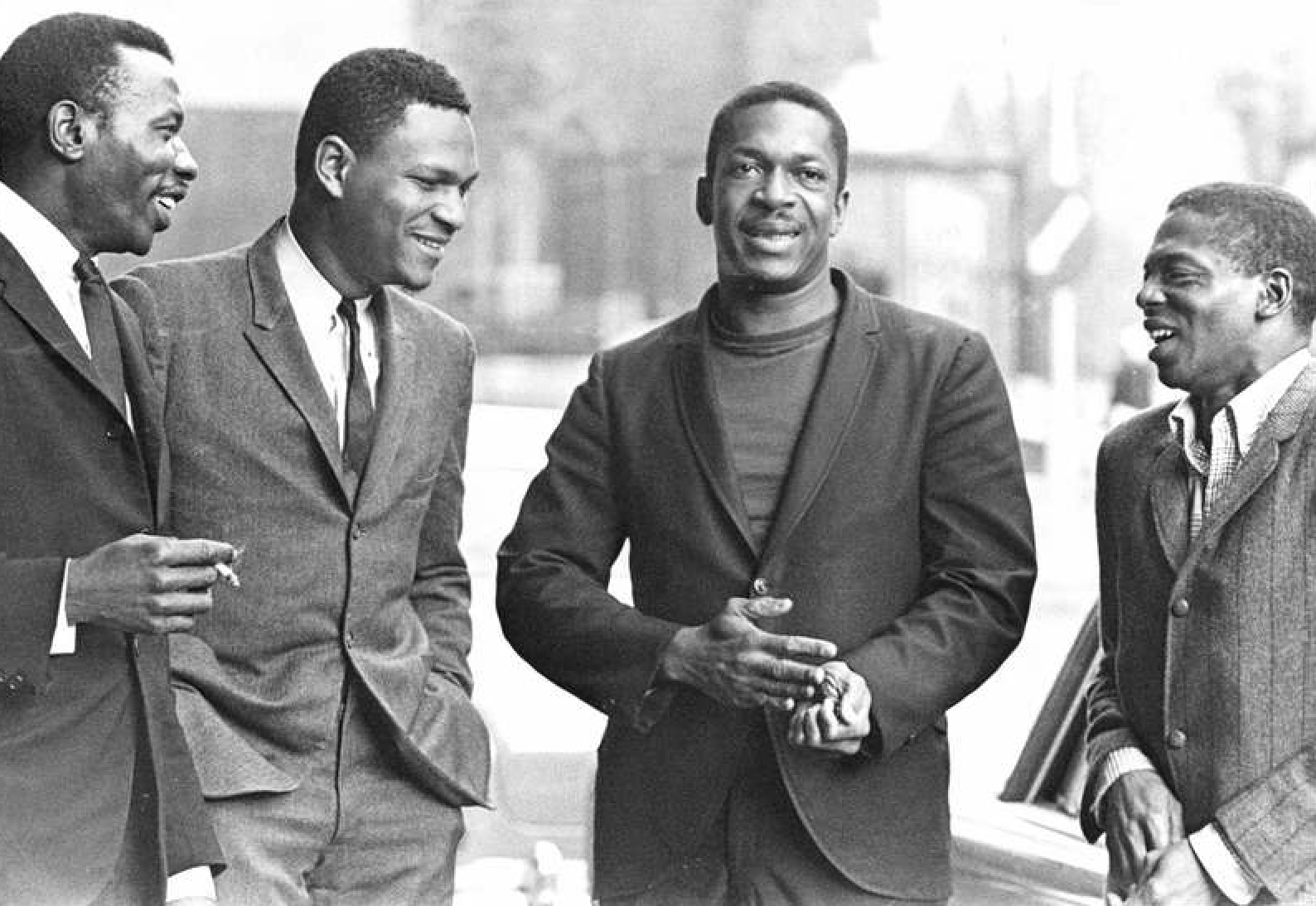 The John Coltrane Quartet innan deras spelning på Konserthuset i Stockholm 1963. Från vänster: Elvin Jones, McCoy Tyner, John Coltrane och Jimmy Garrison. 