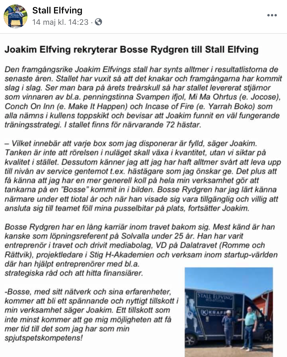 Stallets kommunikation gällande den nya rekryteringen av Bosse Rydgren. 