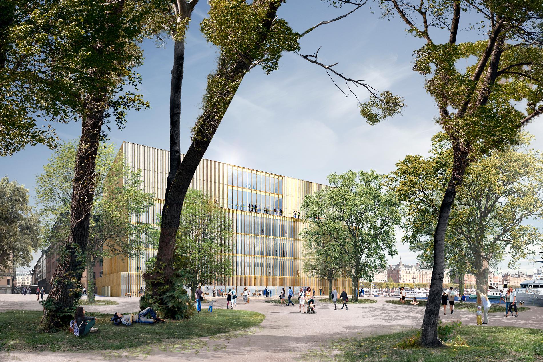 En datorgenererad bild av det numera stoppade bygget av ett Nobelcenter på Blasieholmen i Stockholm. Nu utreds nya alternativa placeringar. Arkivbild.