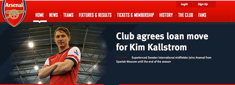 Kim Källström presenterad på Arsenals hemsida.