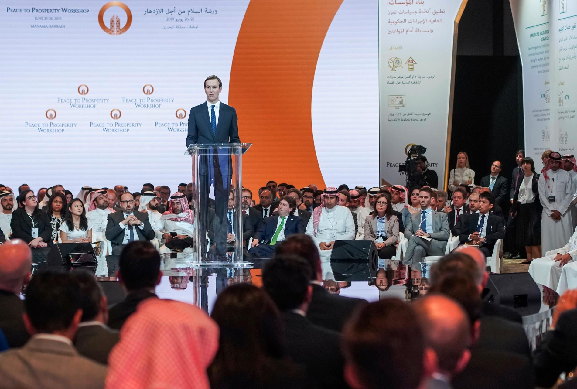 Jared Kushner i tisdags vid invigningen av tvådagarskonferensen i Manama i Bahrain. Palestinska ledare bojkottade konferensen.