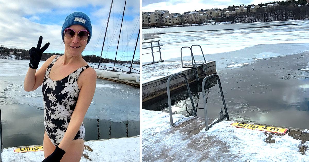 Noora Callin, 45, strax innan hon började vinterbada vid Huvudsta strand i Solna och fick hjärtstopp. 