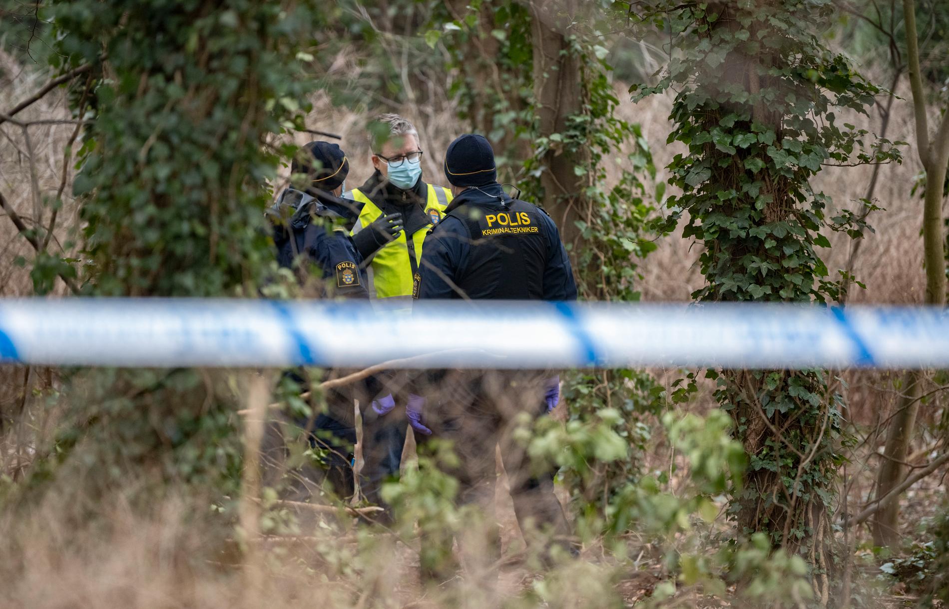 Polis, kriminaltekniker och forensisk arkeolog i Slottsparken i Malmö efter att man tillslut hittat det skelett som polisen missade när de var på plats första gången