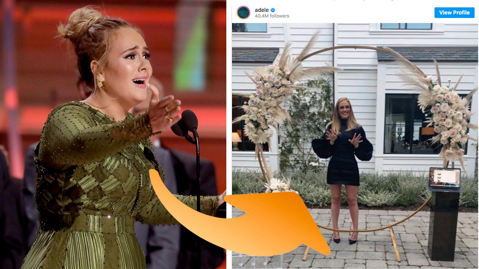 Adele 2017 (till vänster) och i Instagram-inlägg från 2020. 