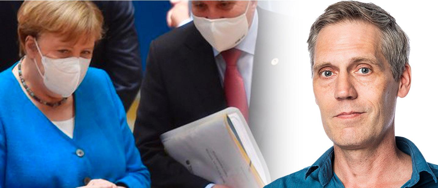 Tysklands förbundskansler Angela Merkel och statsminister Stefan Löfven under EU:s krispaketsförhandlingar.