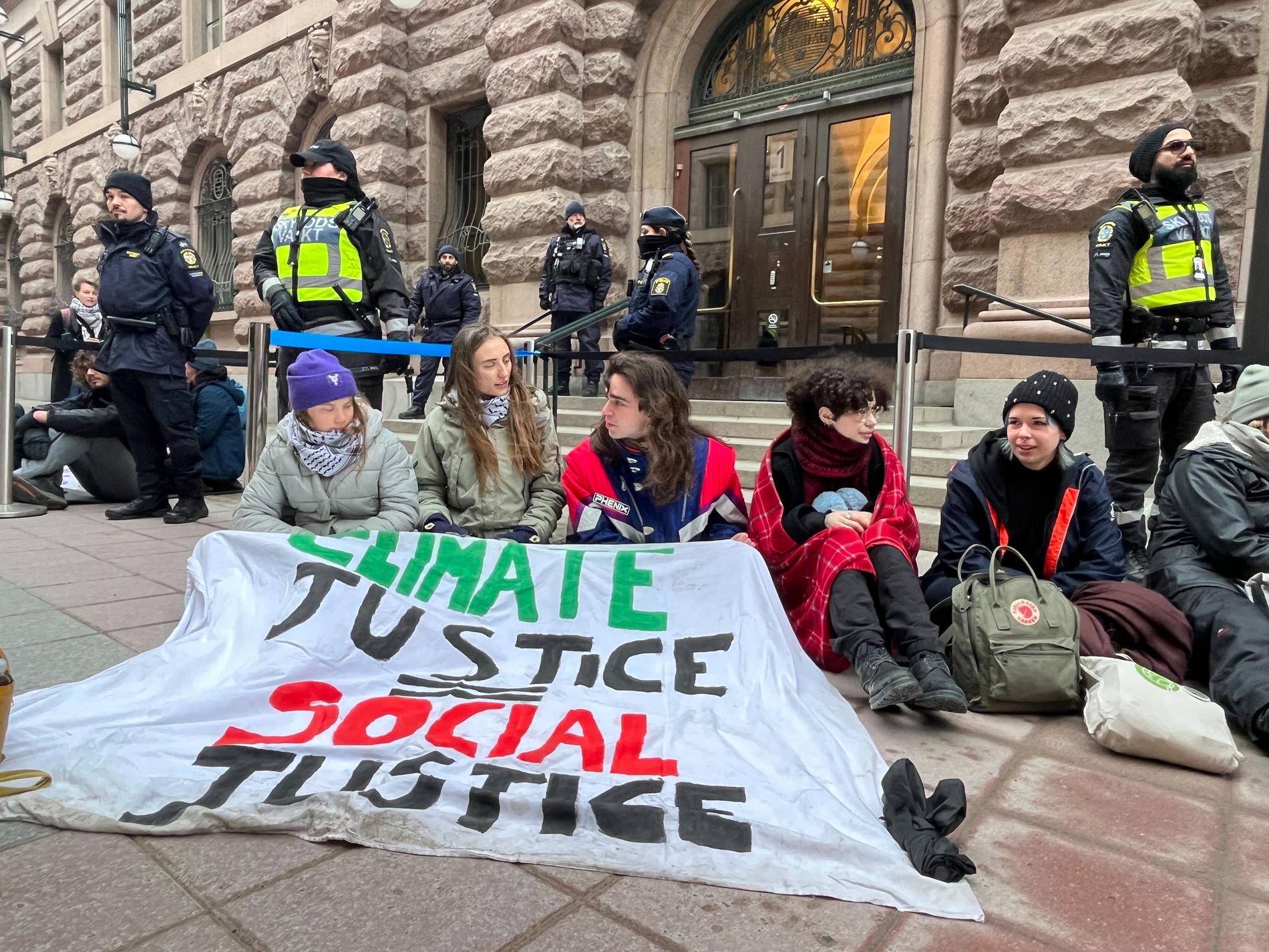 Greta Thunberg demonstrerar utanför riksdagen.