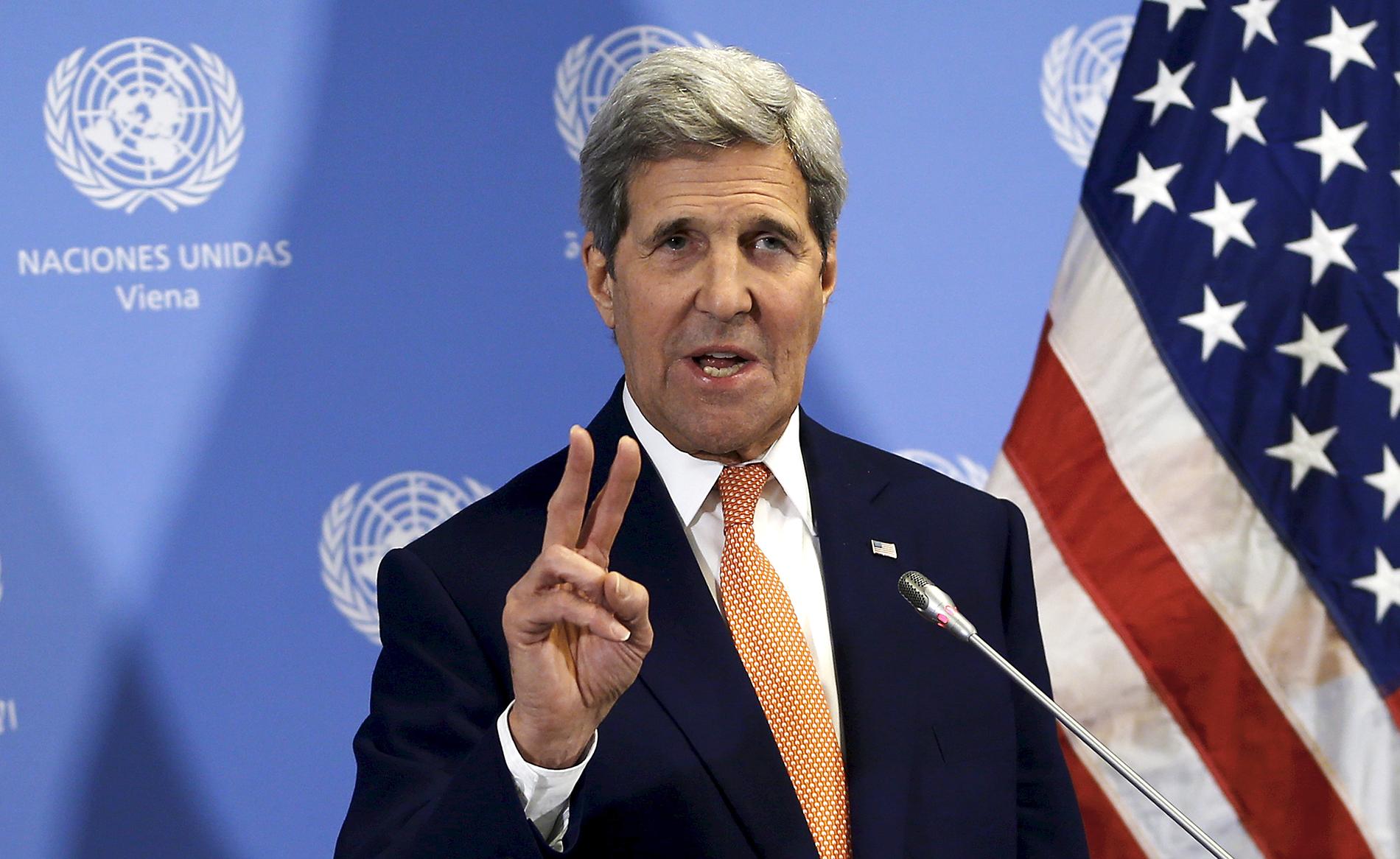 USA:s utrikesminister John Kerry i Wien på kvällens presskonferens.