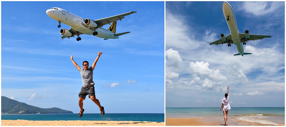 Turister tar selfies vid stranden Mai Khao Beach vid landningsbanan på Phukets internationella flygplats. 