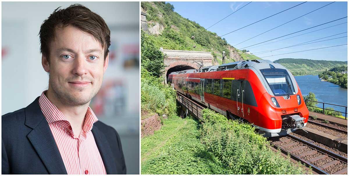 Carl Adam Holmberg, affärschef på Snälltåget, tror inte att regeringens satsning med 50 miljoner kronor på nattåg till kontinenten räcker. Bilden till höger visar ett tåg vid Moselfloden i Tyskland. 