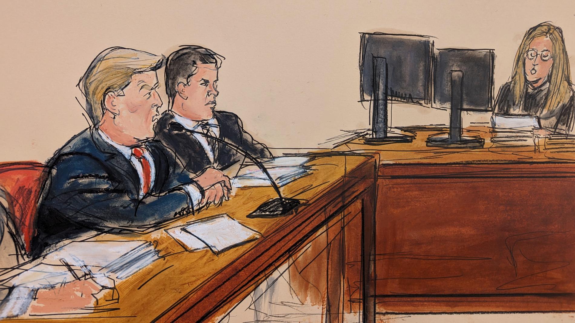 AP:s tecknare har fångat ögonblicket då Donald Trump förklarar sig icke skyldig.