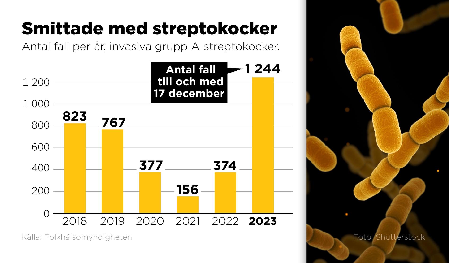 Antal rapporterade fall av invasiva grupp A-streptokocker per år, 2018–2023 (till och med 17 december).
