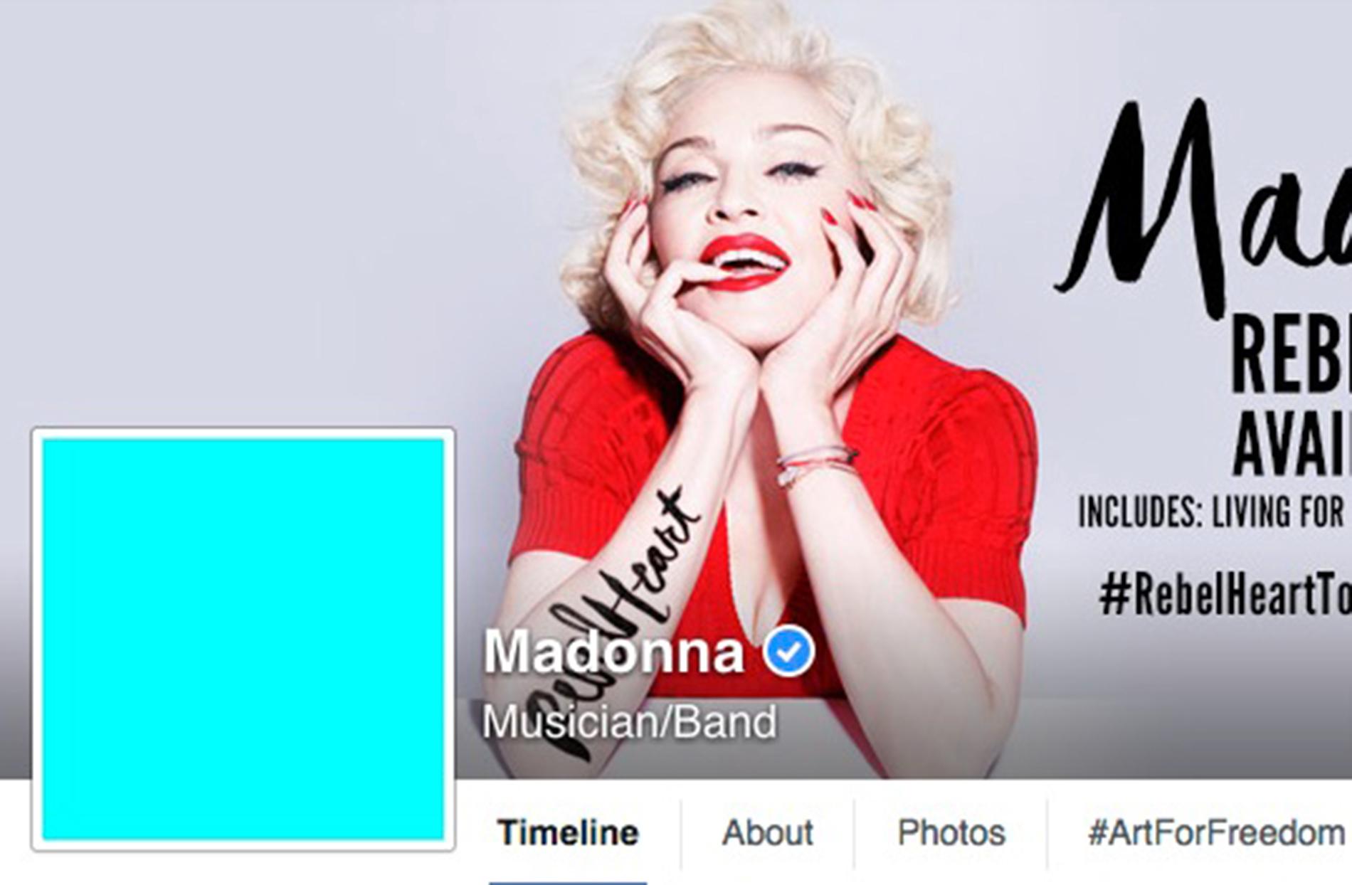 Madonna har också bytt profilbild till en turkos ruta. Skärmdump från Facebook.