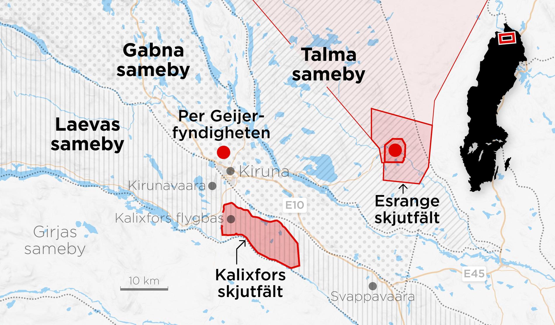Kartan visar samebyarna som omger Kiruna samt några av de exploateringsprojekt som Sipri anser vara potentiella konflikthärdar.