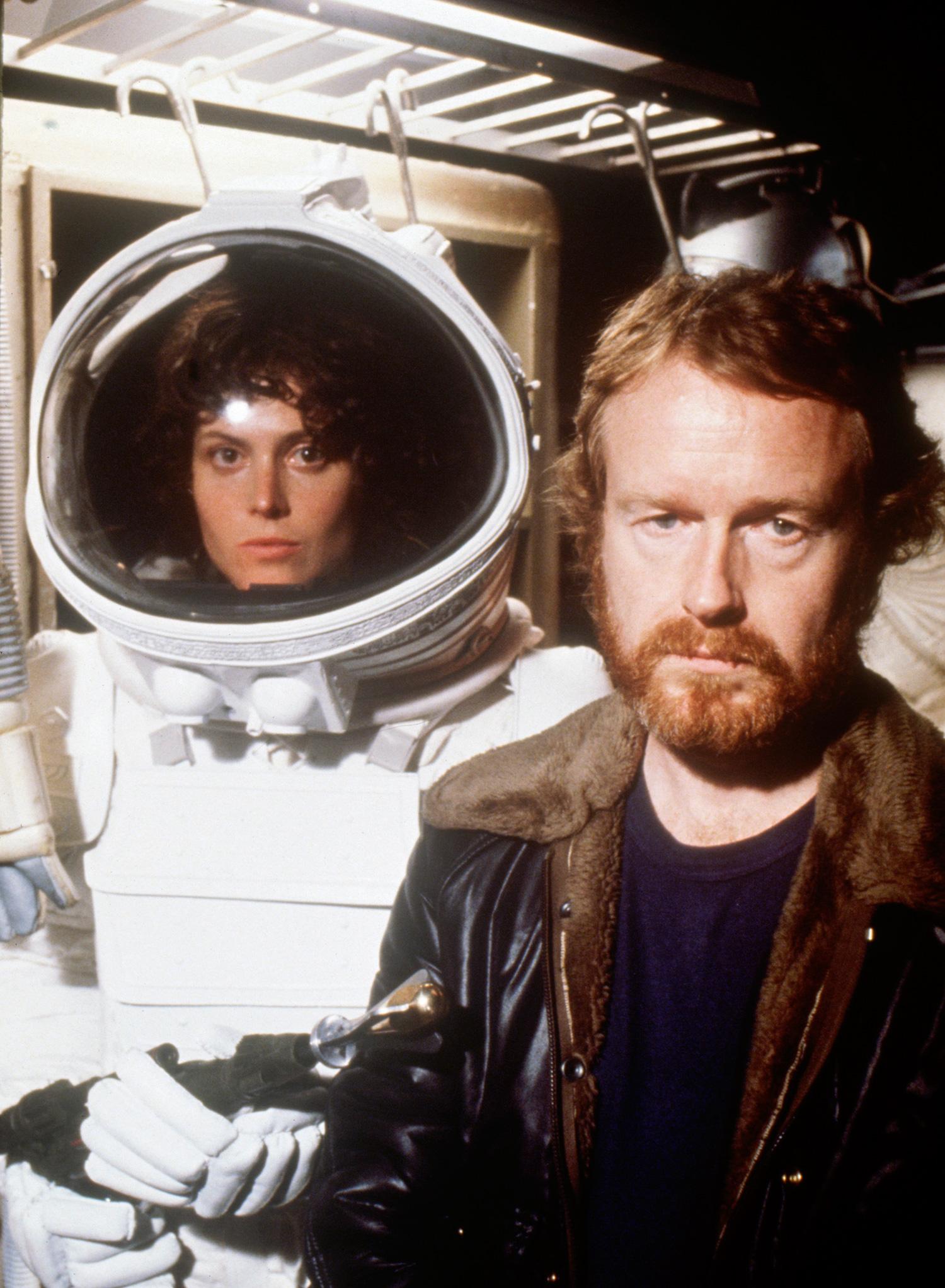 Sigourney Weaver och Ridley Scott vid inspelningen av första filmen ”Alien” 1979.