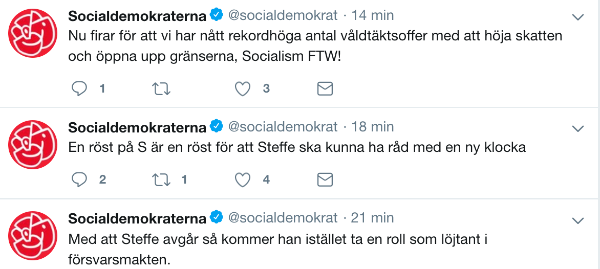 Socialdemokraternas Twitter under natten mot måndag.