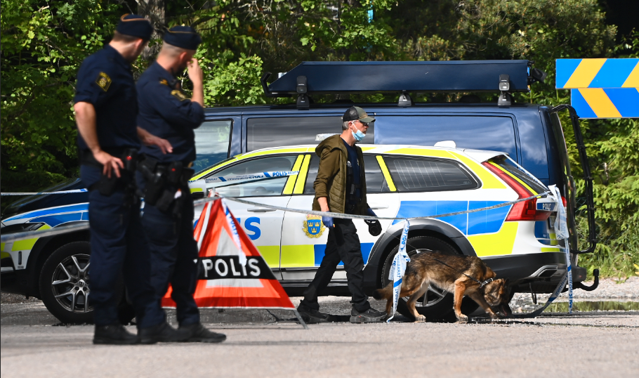 En större polisinsats pågår på på platsen, bland andra hundpatrull.