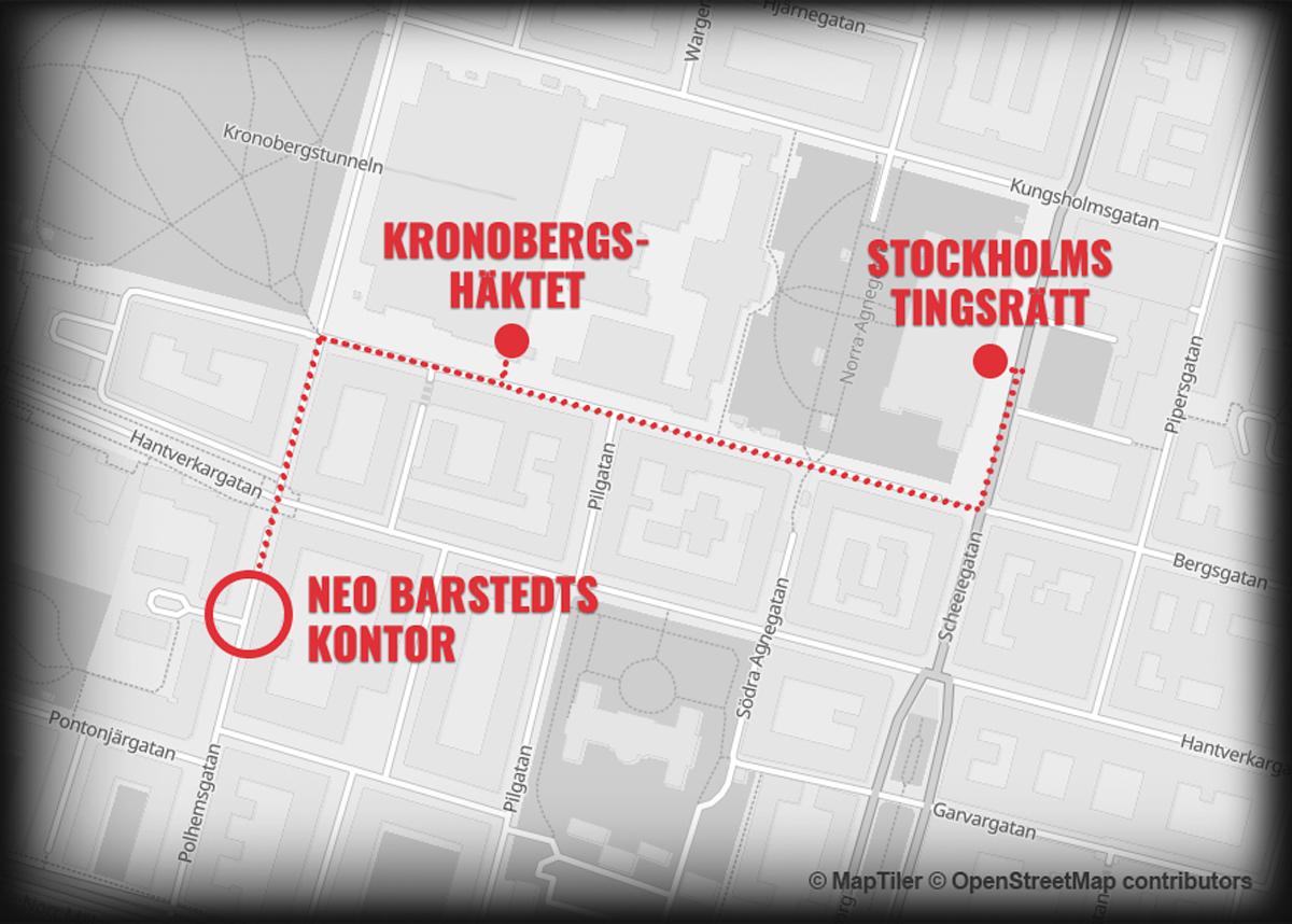 Neo Barstedts kontor ligger på Kungsholmen i centrala Stockholm, enligt hans egen hemsida och kostnadsräkningar.  