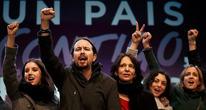 segerjublet Podemos partiledning med Pablo Iglesias i spetsen jublar efter att ha nått 20 procent i parlamentsvalet i december. På knappt två år har partiet blivit det tredje största i Spanien.